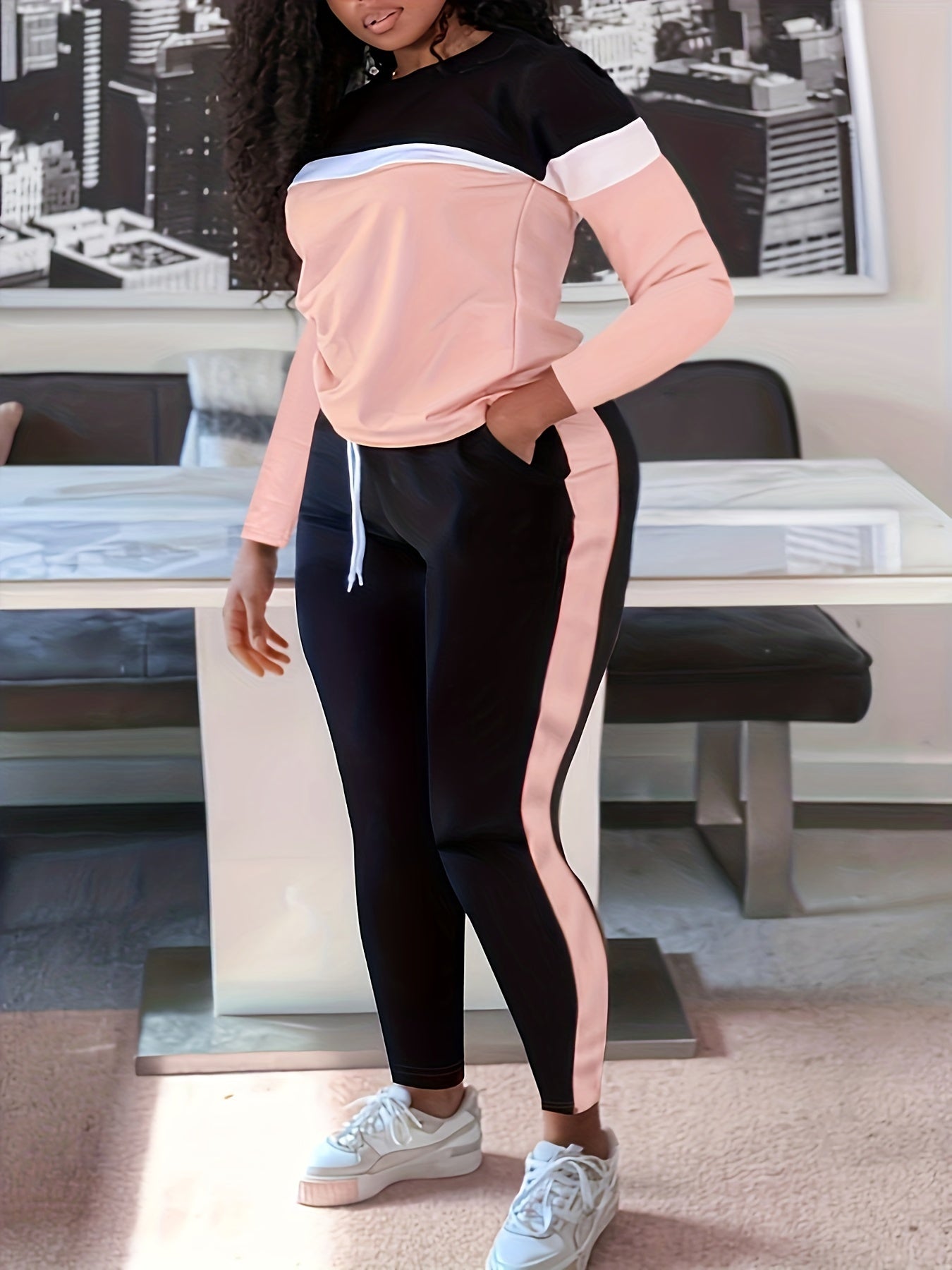 Plus Size Casual Outfits Two Piece Set, Women's Plus Colorblock Long Sleeve Round Neck Top & Pants Outfits 2 Piece Set