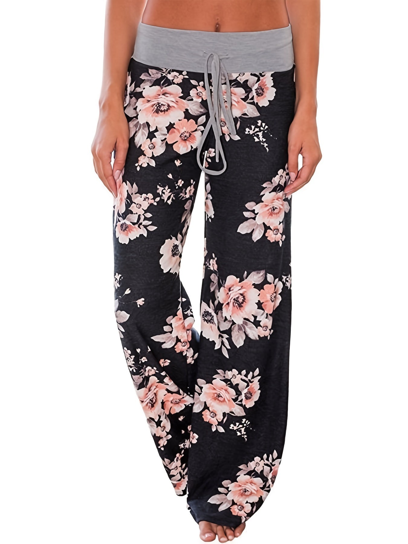 Plus Size Floral Print High Rise Drawstring Long Pants, Women's Plus Slight Stretch Loose Casual Pants