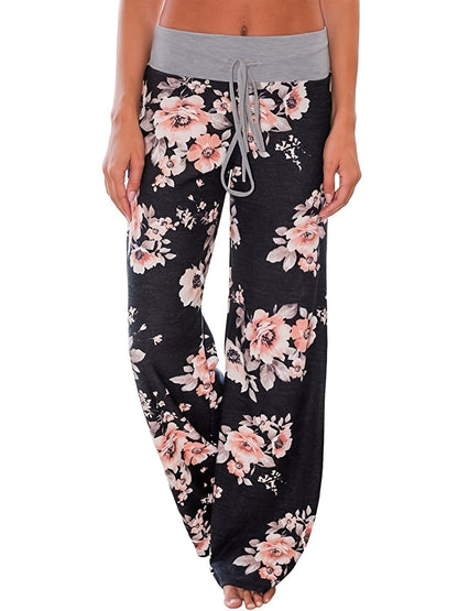 Plus Size Floral Print High Rise Drawstring Long Pants, Women's Plus Slight Stretch Loose Casual Pants