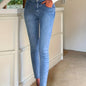 High Waist Tummy Control Raw Cut Denim Pants, Multi Buttons Single-breasted Elegant Washed Blue Skinny Jeans, Women's Denim Jeans & Clothing