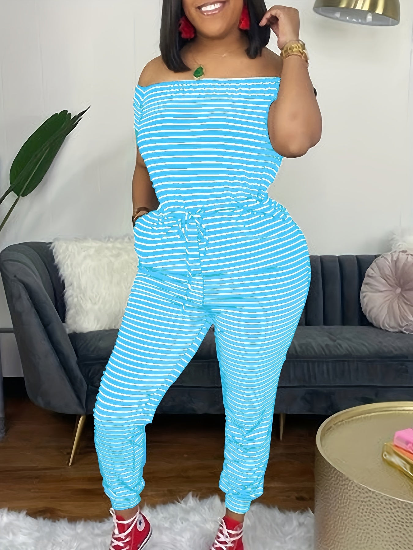 Striped Off Shoulder Drawstring Jumpsuit, Casual Short Sleeve Slim Jumpsuit For Spring & Summer, Women's Clothing