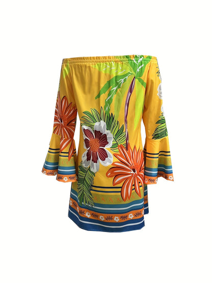 Floral Print Flared Sleeve Dress, Resort Wear Off-shoulder Dress For Spring & Summer, Women's Clothing