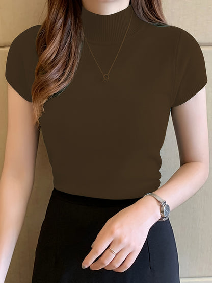 Womens Chic Solid Mock Neck Short Sleeve Knit Sweater - Soft & Breathable - Casual Everyday Style