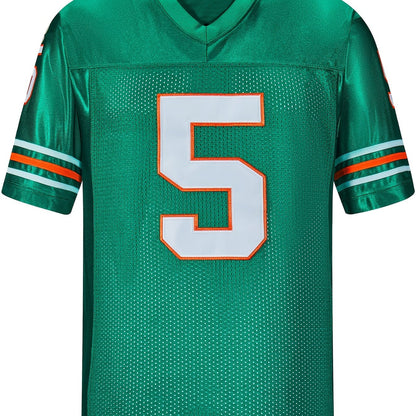 Men's Solid #5 Breathable Rugby Jersey, Active Slightly Stretch V Neck Short Sleeve Uniform American Football Shirt For Training Competition Party