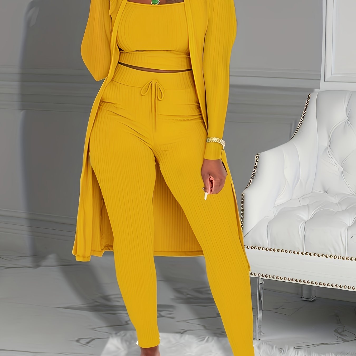 Casual Ribbed 3pcs Set, Crop Tank Top + High Waist Drawstring Pants + Longline Cardigan Outfits, Women's Clothing