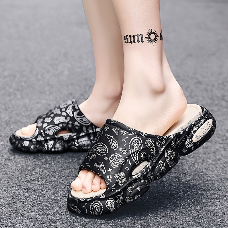 Cloud Slides Teardrop Motif Print Pillow Slippers - Non-Slip, Open-Toe, Breathable, Soft EVA Insoles, Slip-On Design, Perfect for Indoor, Outdoor, Beach, and Shower Use in Spring and Summer