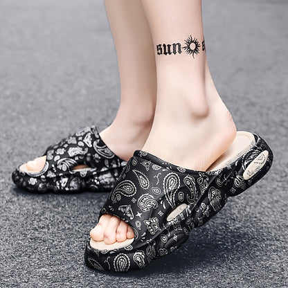 Cloud Slides Teardrop Motif Print Pillow Slippers - Non-Slip, Open-Toe, Breathable, Soft EVA Insoles, Slip-On Design, Perfect for Indoor, Outdoor, Beach, and Shower Use in Spring and Summer