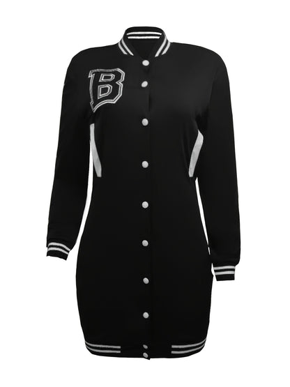 Womens Chic Letter Pattern Mini Dress - Versatile Button Front, Long Sleeve Slim Fit - Stylish Everyday Clothing