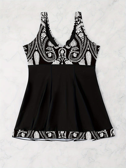 Plus Size Womens Vibrant Floral Print Tie Front V Neck One Piece Swimsuit - High Stretch, Comfortable, Vacation Essential - Polyester Knit Fabric, Random Printing, No Sheer