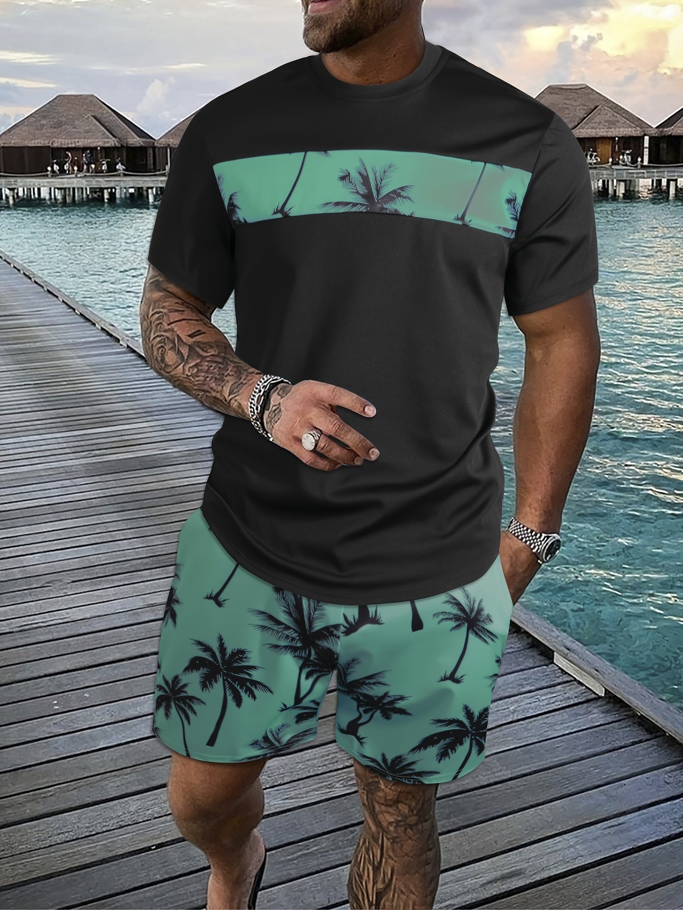 2Pcs Men's Tropical Coconut Tree Print Casual Outfits - Crew Neck Short Sleeve T-shirt & Drawstring Shorts Set - For Summer Vacation & Resorts - Men's Clothing