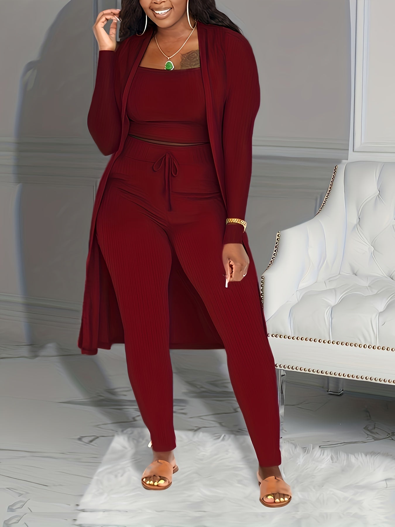 Casual Ribbed 3pcs Set, Crop Tank Top + High Waist Drawstring Pants + Longline Cardigan Outfits, Women's Clothing