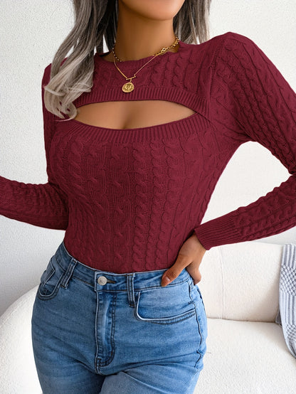 Long Sleeve High Stretch Acrylic Blend Women's Sexy Hollow-Out Knit Pullover Sweater, Skinny Fit, Solid Color, Spring/Fall Fashion Top, Crew Neck, Polyester 28%, Polyamide 22%, Viscose 28%