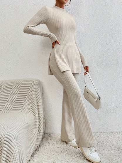 Solid Ribbed Lounge Set, Long Sleeve Side Split Top & Elastic Waistband Pants, Women's Loungewear & Sleepwear