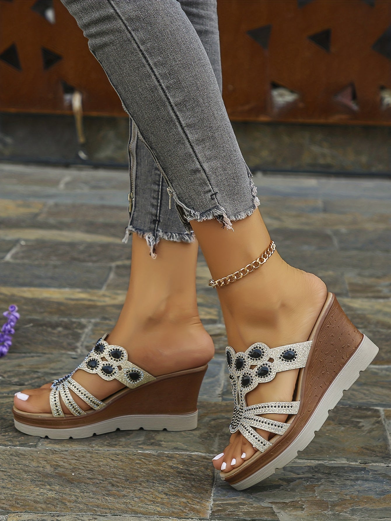 Women's Rhinestone Decor Wedge Sandals, Casual Cutout Design Platform Sandals, Comfortable Summer Shoes