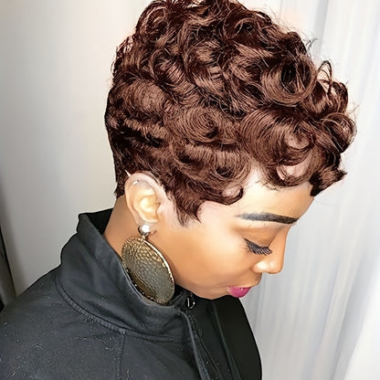 Flattering Short Curly Pixie Wig with Versatile Bangs - Lustrous Synthetic Hair, Easy for Beginners, Heat Resistant and Durable