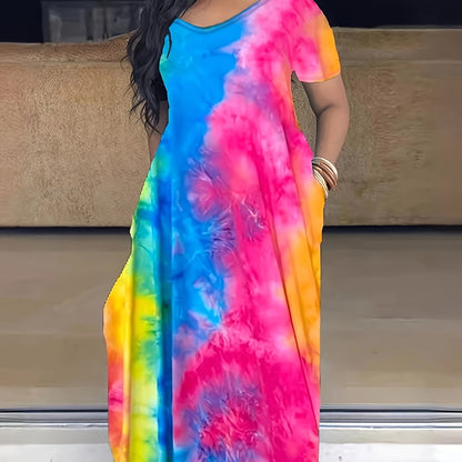 [Tie Dye Maxi Dress] Elegant Plus Size Maxi Dress | Women's Tie Dye Print Short Sleeve with Pocket, Medium Stretch Long Dress