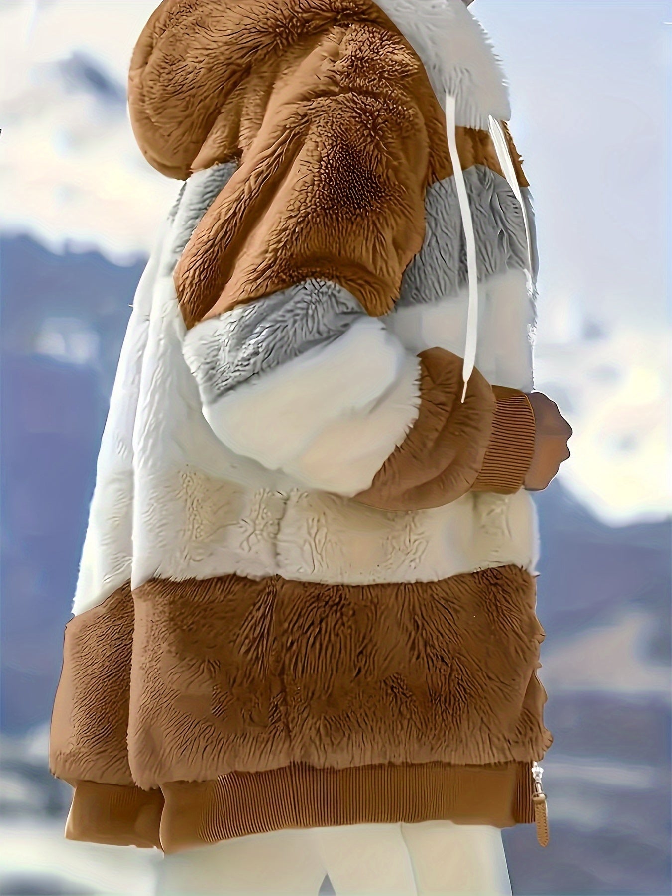 Ultra-Soft Color Block Fuzzy Hooded Coat - Stylish Winter Warm Outerwear with Full-Length Sleeves - Perfect for Casual Wear - Womens Clothing