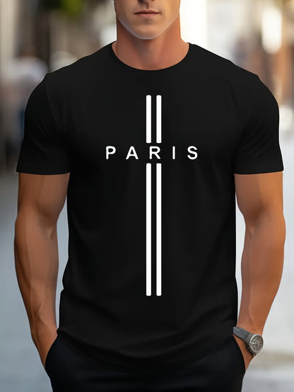 Paris Print, Men's Graphic Design Crew Neck T-shirt, Casual Comfy Tees Tshirts For Summer, Men's Clothing Tops For Daily Vacation Resorts