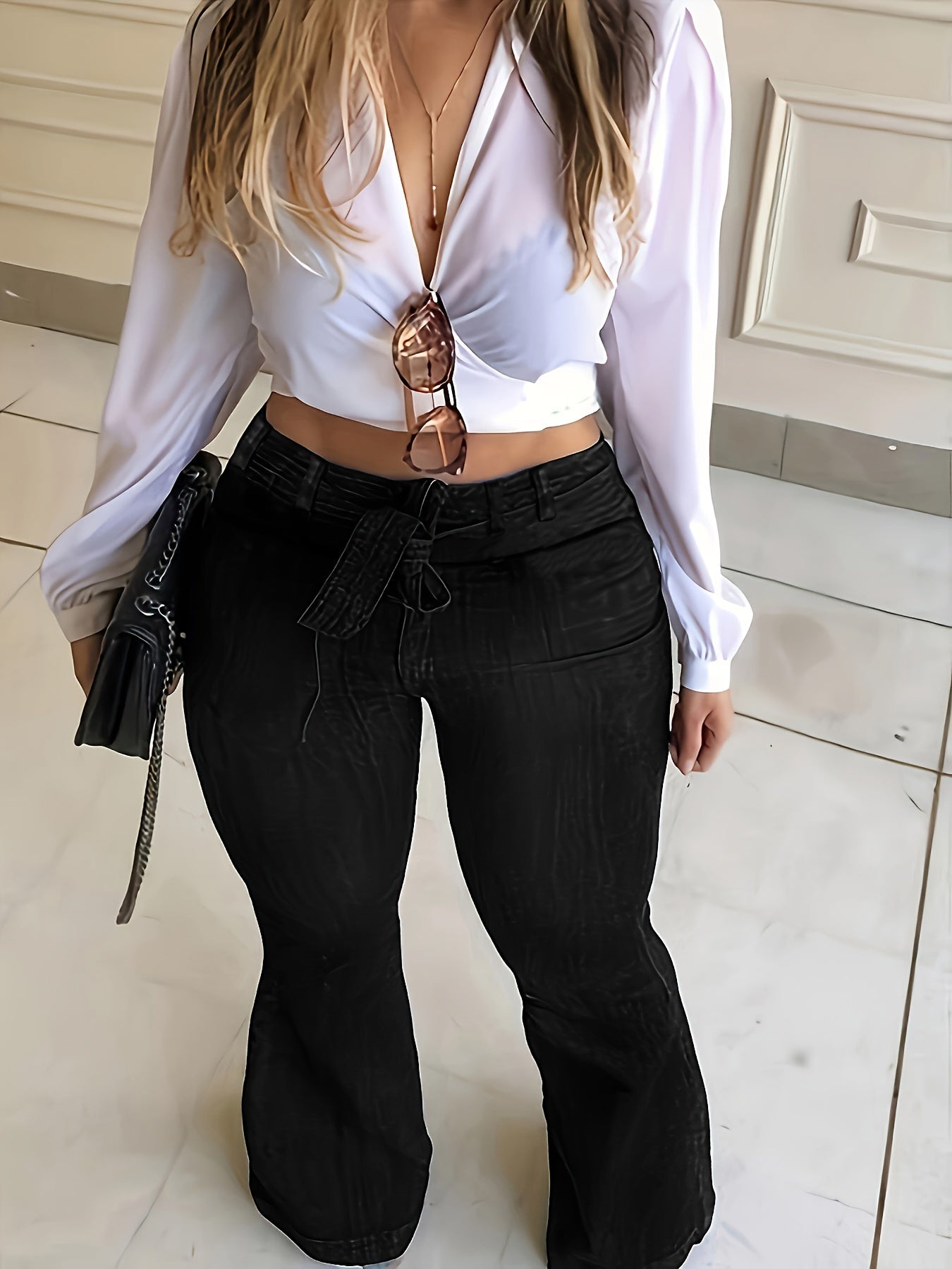 Plus Size Womens High Rise Flared Leg Jeans - Soft Medium Stretch Denim, Solid Color, Washed, Machine Washable, All-Season Comfortable Casual Wear with Belt