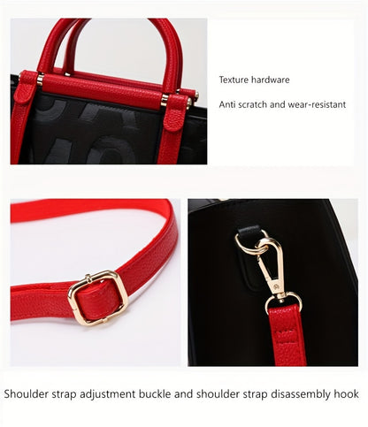 Classic Letter Embossed Tote Bag, Colorblock Shoulder Bag, All-Match Satchel Bag For Work