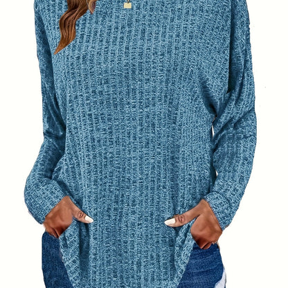 Plus Size Casual Sweater, Women's Plus Solid Ribbed Long Sleeve Round Neck Knit Top