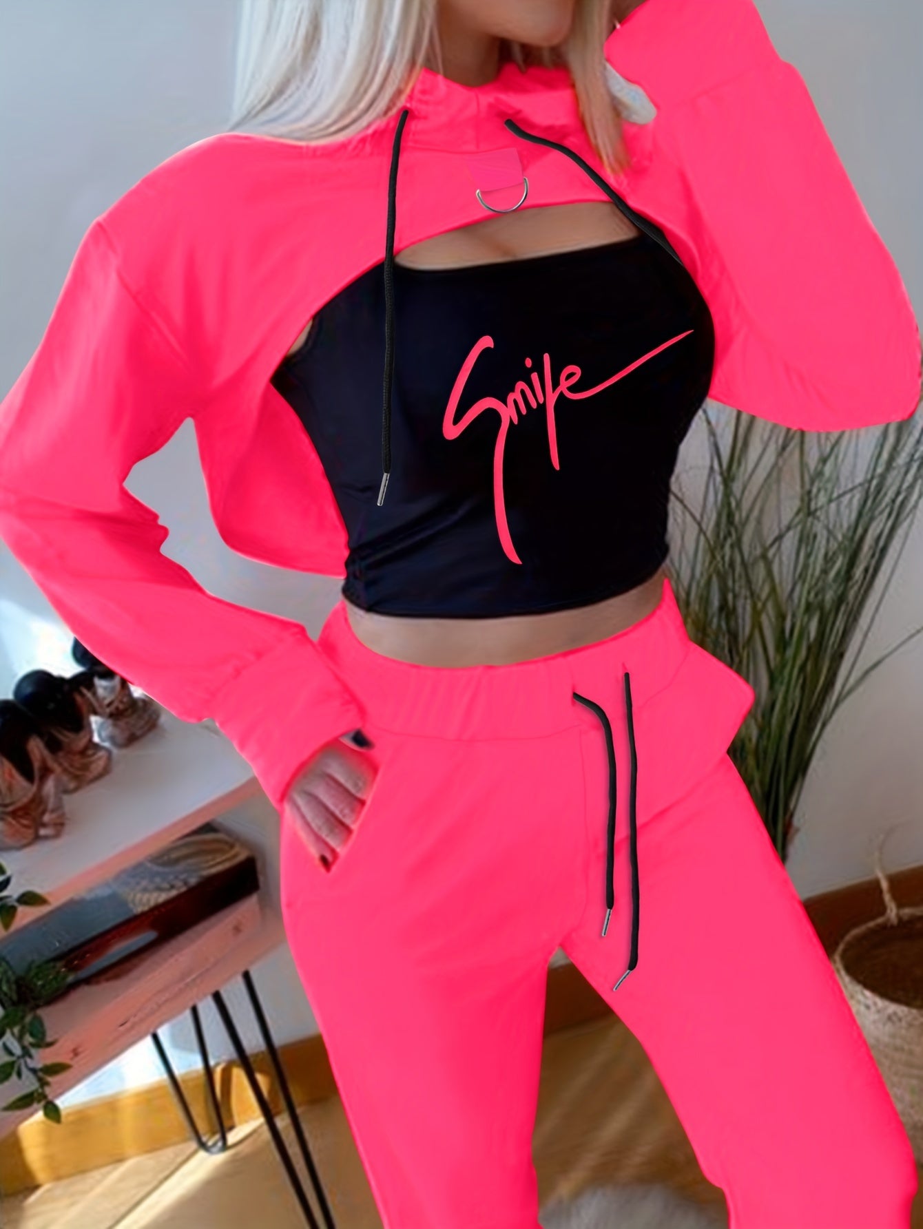 Three-Piece Bodycon Pantsuit Set - Women's Casual Drawstring Hooded Crop Top, Smile Letter Print Tank Top, and Long Length Pants Outfit with Relaxed Fit and Soft Fabric