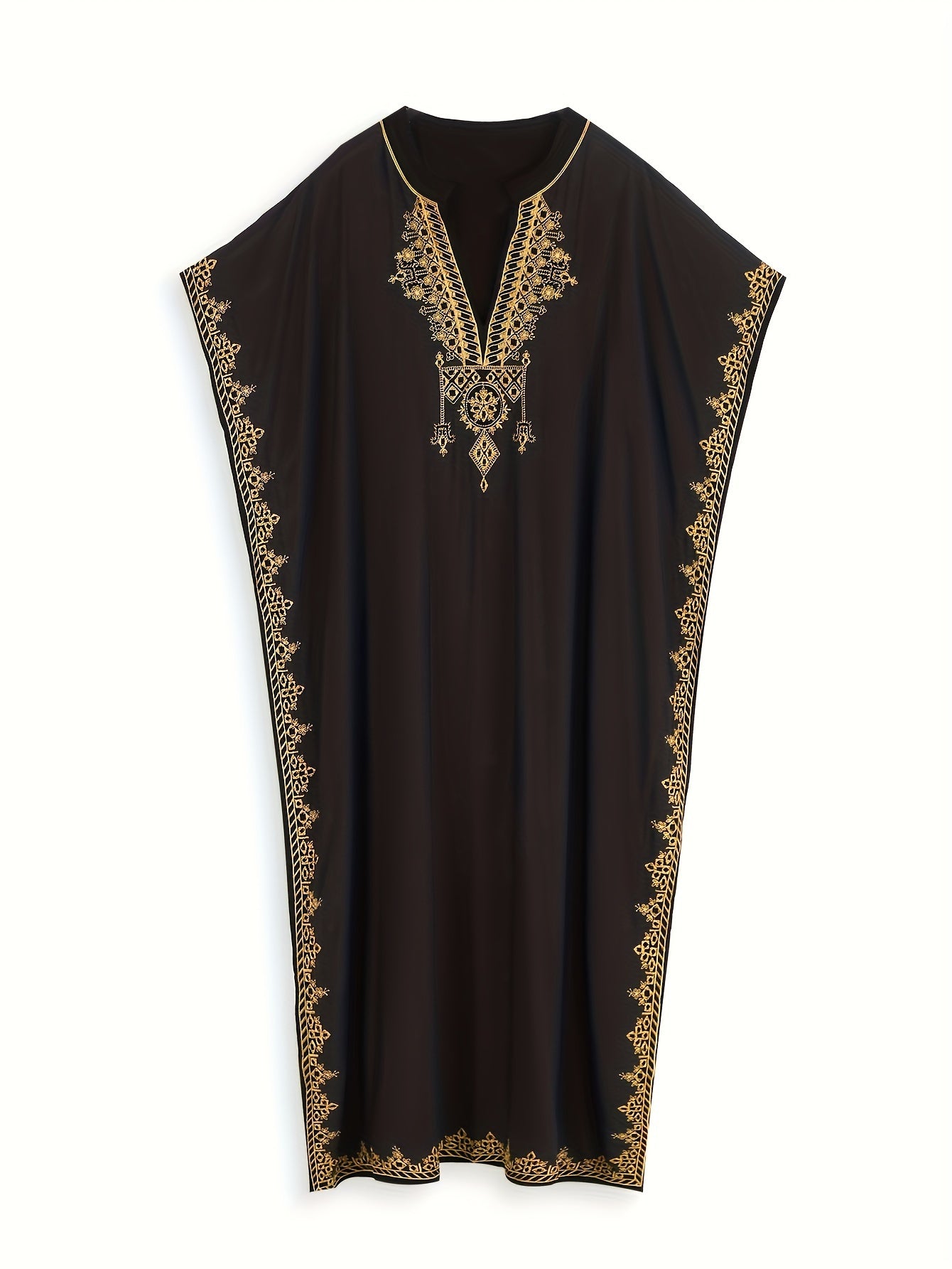 Bohemian Golden Embroidered Plus Size Maxi Dress with Bat Sleeves for Ramadan