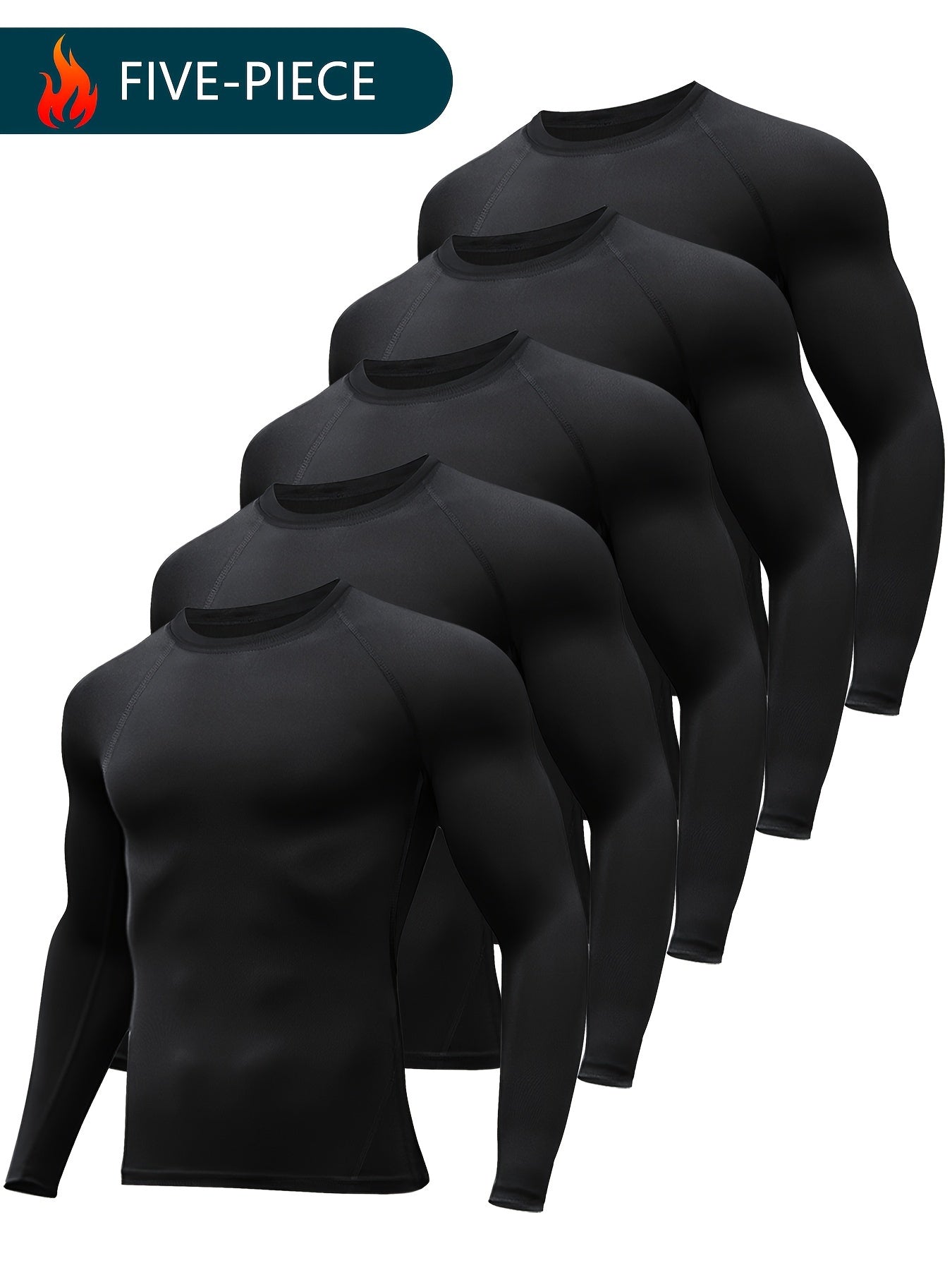 [HOPLYNN Compression Shirts] 5pcs HOPLYNN Men's Compression Shirts - Breathable Polyester Blend, Long Sleeve Athletic Base Layer Tops for Workout & Outdoor Activities, Machine Washable