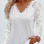 Chic Contrast Lace V-neck Eyelet T-Shirt - Fashionable Long Sleeves for Spring & Fall - A Stylish Womens Wardrobe Essential