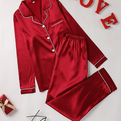 Solid Pajama Set, Long Sleeve Button Up Lapel Top & Pants Pj Set, Women's Sleepwear & Loungewear