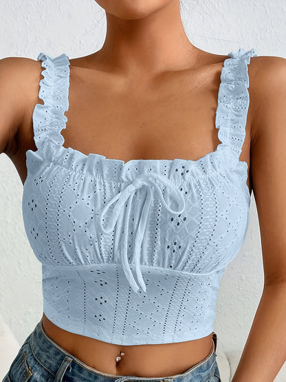 Eyelet Lettuce Trim Crop Cami Top, Casual Tie Front Summer Sleeveless Top, Women's Clothing For Coquette/Cute/Y2K Style