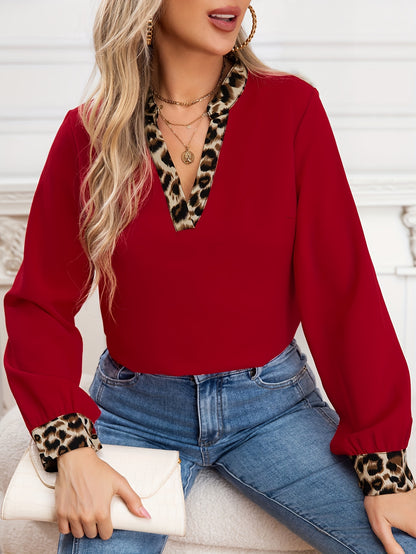 Elegant Non-Sheer V-Neck Blouse with Contrast Trim – Chic Long Sleeve Polyester Top, All-Season Style, Machine Washable