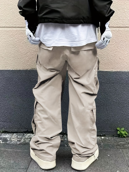 Men's Loose Casual Outdoor Cargo Pants - Multi Flap Pocket Trousers - Trendy Solid Work Pants for Streetwear Hip Hop Style