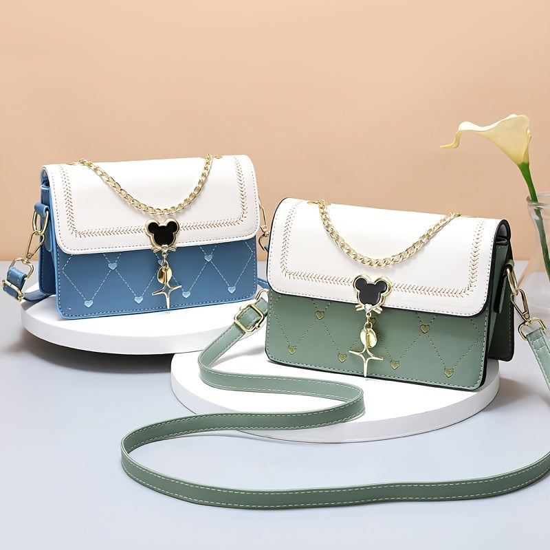 Geometric Embroidered Flap Square Bag - Chic Crossbody with Stylish Chain, Magnet Closure, and Bag Charm