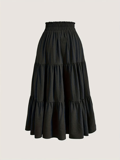 Solid Tie Waist Tiered Skirt, Casual Elastic Waist Skirt For Spring & Fall, Women's Clothing
