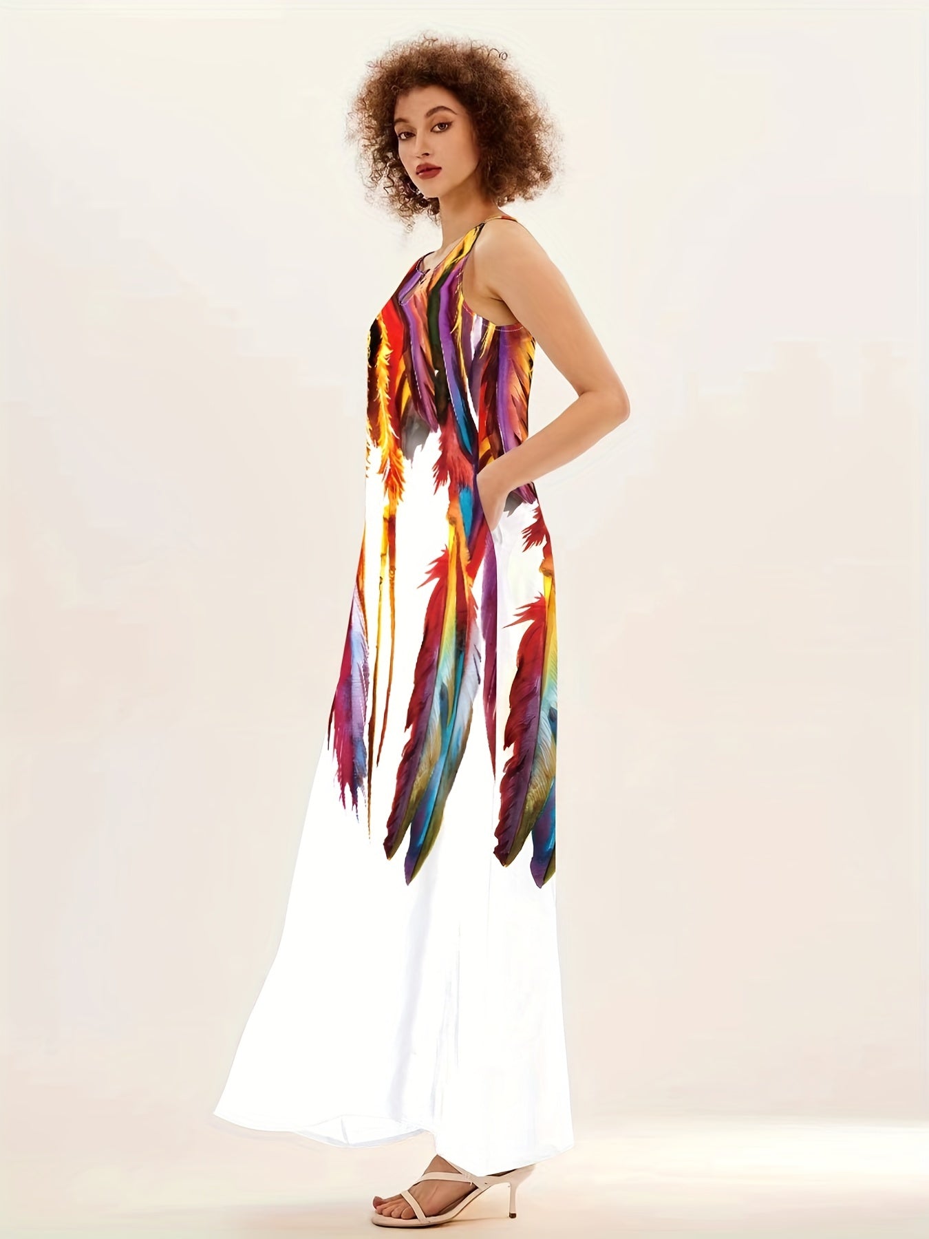 [Polyester Swing Dress] Polyester V-Neck Women's Casual Swing Dress with Pocket - All-Season A-Line Dress with Printed Detail, 95% Polyester 5% Spandex Woven Fabric