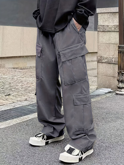 Men's Loose Casual Outdoor Cargo Pants - Multi Flap Pocket Trousers - Trendy Solid Work Pants for Streetwear Hip Hop Style