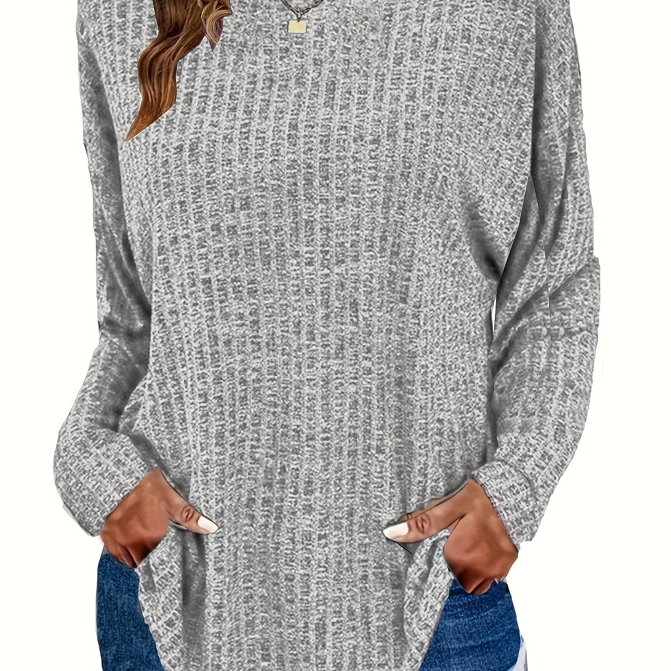 Plus Size Casual Sweater, Women's Plus Solid Ribbed Long Sleeve Round Neck Knit Top