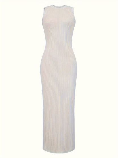 Women's Summer 2023 Fashion Casual Knit Sleeveless Crew Neck Bodycon Pencil Dress, Polyester 95% Spandex 5%, Solid Color Long Length Skinny Fit