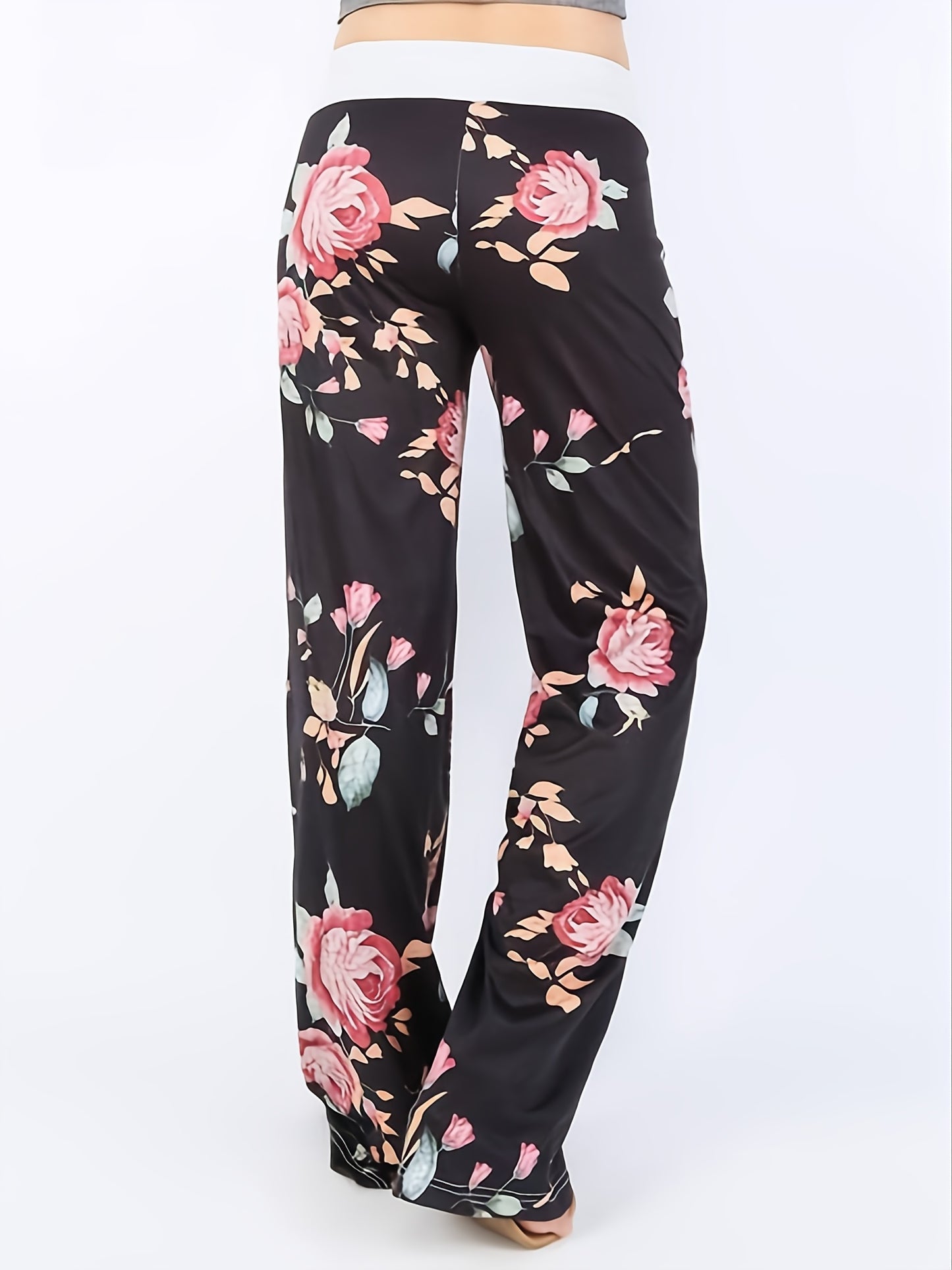 Plus Size Floral Print High Rise Drawstring Long Pants, Women's Plus Slight Stretch Loose Casual Pants