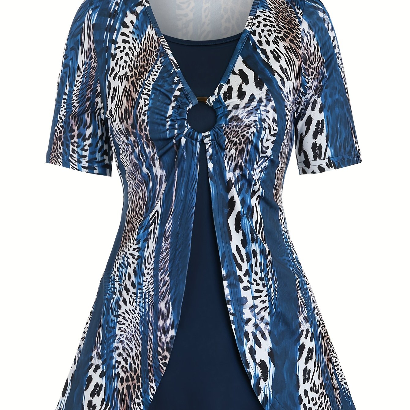 Boho Chic 2-in-1 Leopard Print Top - Casual Crew Neck, Durable Knit, Mid-Elasticity Tee for Spring/Summer/Fall