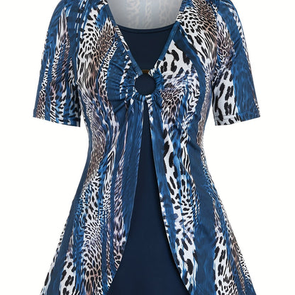 Boho Chic 2-in-1 Leopard Print Top - Casual Crew Neck, Durable Knit, Mid-Elasticity Tee for Spring/Summer/Fall