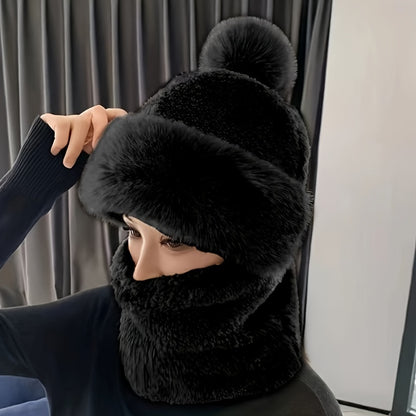 Thermal Warmth Beanie Hat - Soft Pom, Thickened Plush Neck Gaiter, Windproof Hooded Ear Protection, Ski Mask, Cycling Balaclava for Women, Outdoor Winter Sports, Cold Weather Accessories