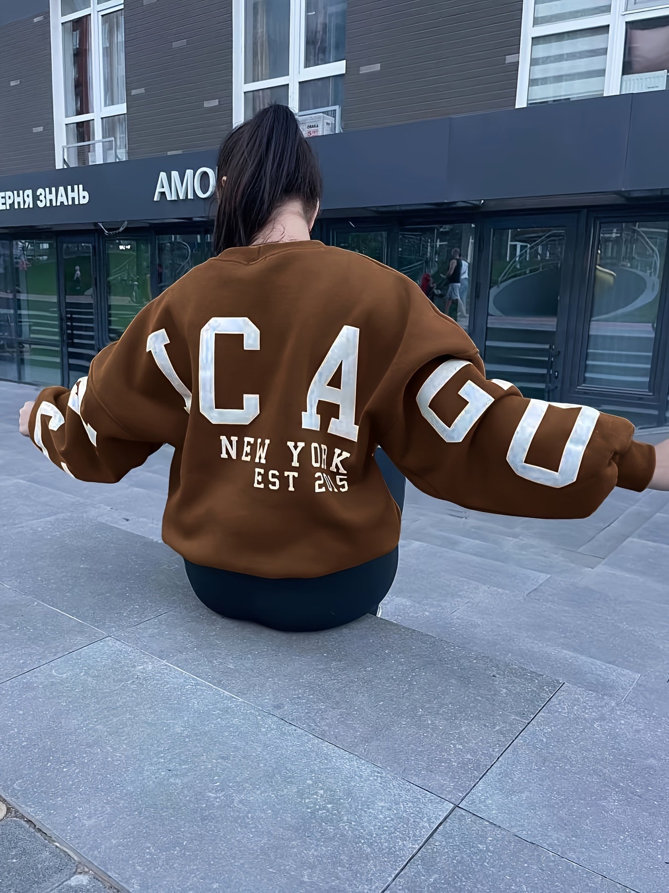 Plus Size Casual Top, Women's Plus Letter Print Drop Shoulder Long Sleeve Round Neck Sweatshirt