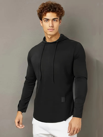 [1pc Long Sleeve Casual Hoodie] 1pc Men'S Casual Fashion Hoodie - Long Sleeve, Solid Color, Regular Fit, Knit Polyester, Micro-Elastic, Regular Length, Crew Neck Pullover