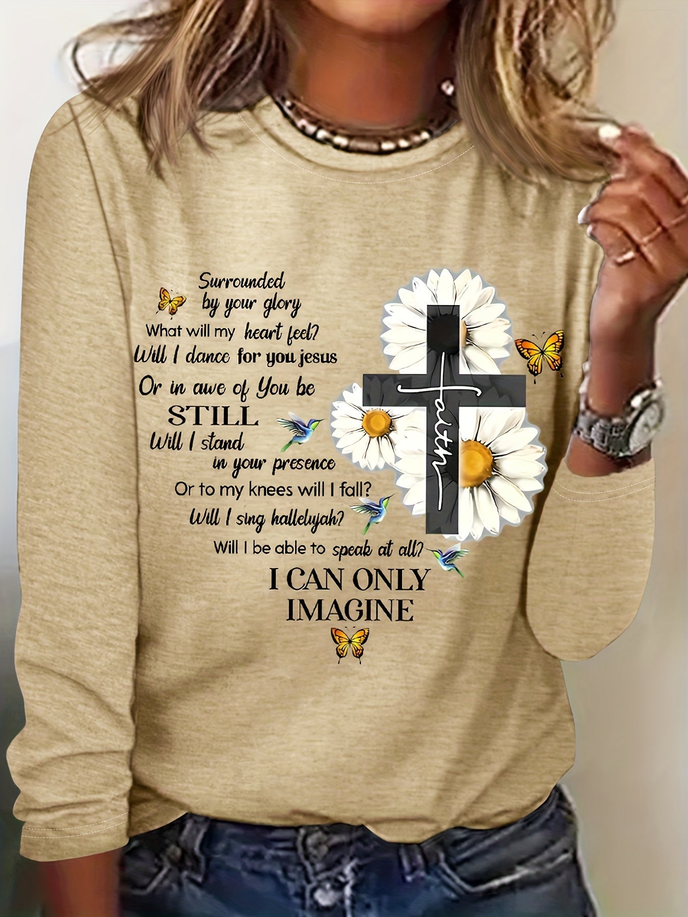 Floral & Letter Print Tee, Casual Long Sleeve Crew Neck T-shirt, Women's Clothing