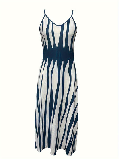 Vibrant Geo Print Deep V Neck Modest Sun Dress - Soft Micro Elastic Polyester Fabric, Machine Washable, Sleeveless, Spaghetti Strap, Perfect for Summer - Womens Casual Wear