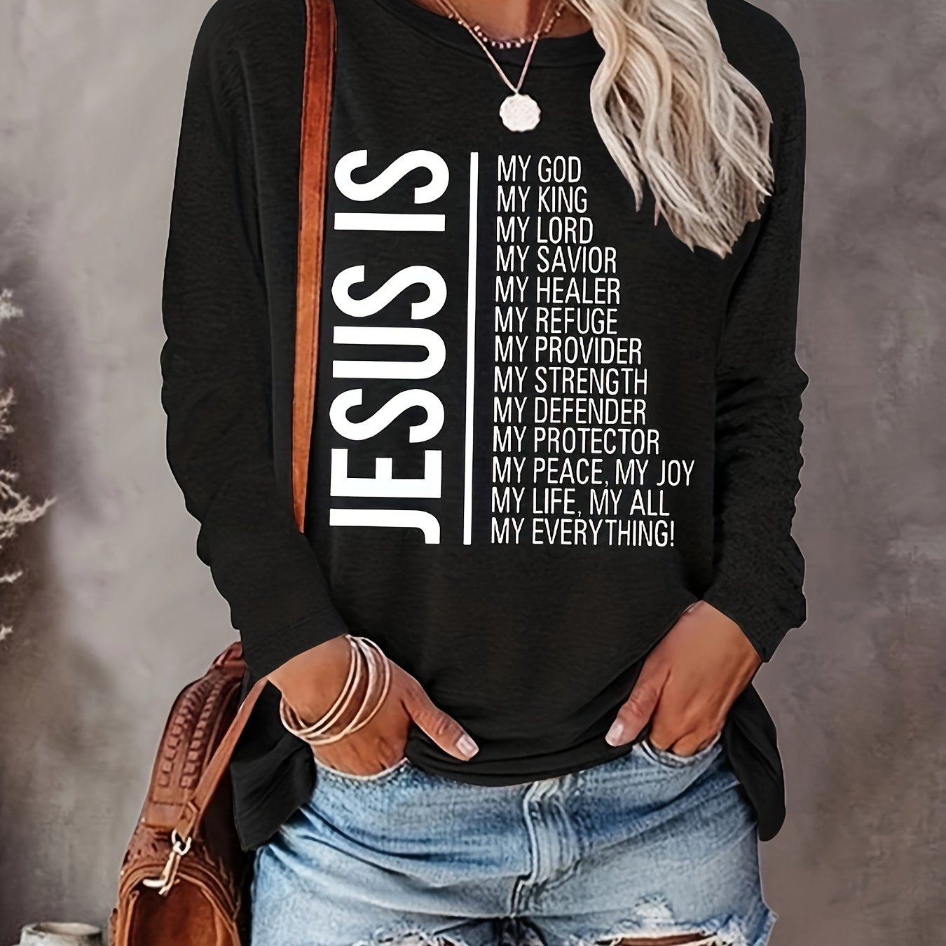 Jesus Print Crew Neck T-shirt, Casual Long Sleeve Top For Spring & Fall, Women's Clothing