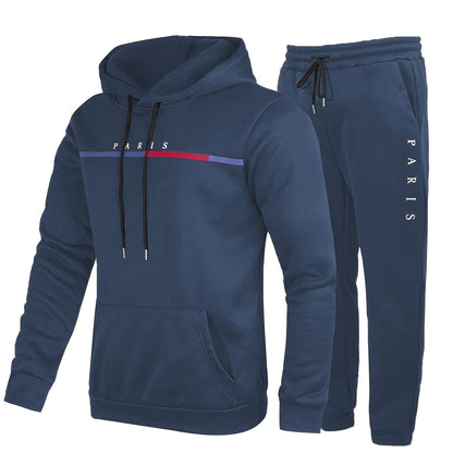 Paris Print, Men's 2Pcs Outfits, Casual Hoodies Long Sleeve Pullover Hooded Sweatshirt And Sweatpants Joggers Set For Spring Fall, Men's Clothing