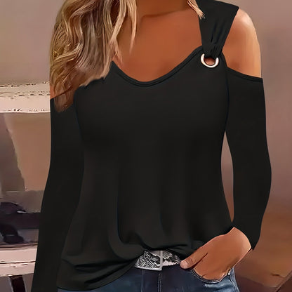 Solid Ring Detail Crew Neck T-Shirt, Casual Cold Shoulder Long Sleeve Top For Spring & Fall, Women's Clothing